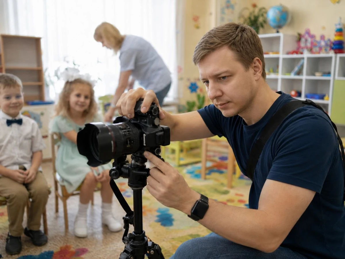 Дмитрий Комаров за работой на съёмке в детском саду